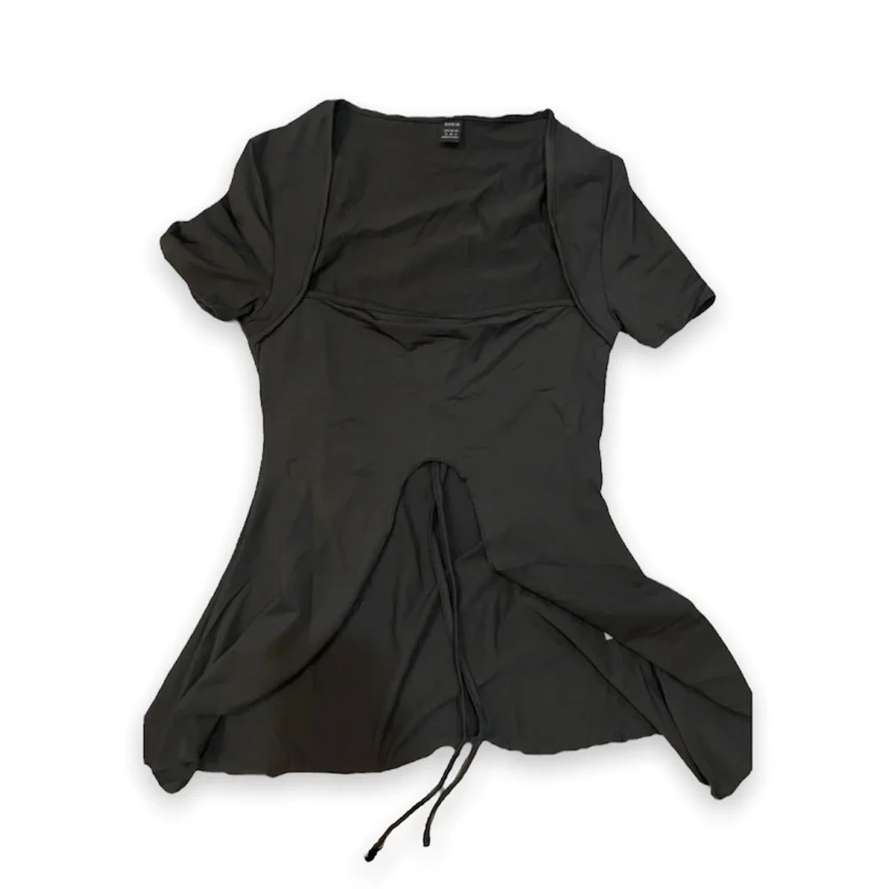 New Sexy Black Plain Asymmetrical Hem Tie Back Halter Short Sleeve Top - Picture 8 of 13